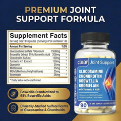 Clear Joint bottle label highlights 8-in-1 formula for overall joint comfort.
