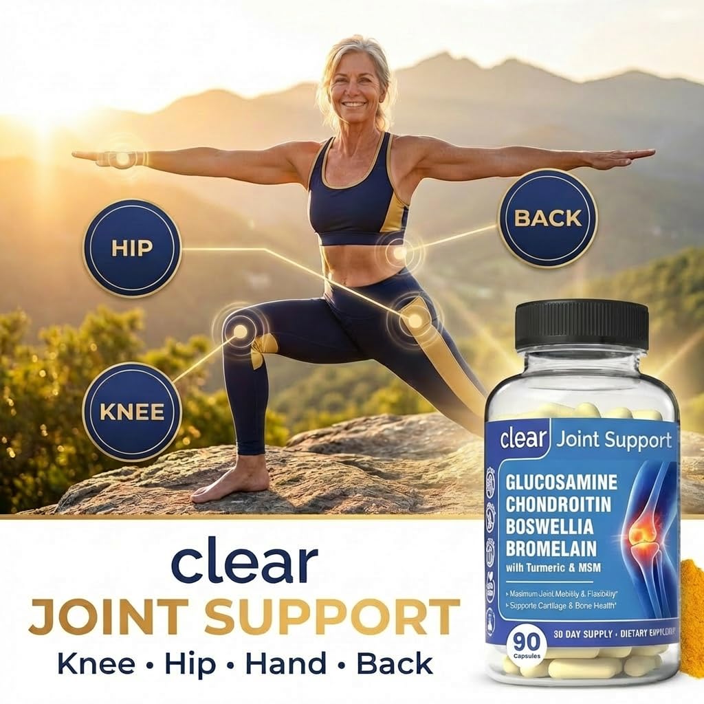 Clear Joint capsules close-up with 1500mg glucosamine shows potency for daily joint support.