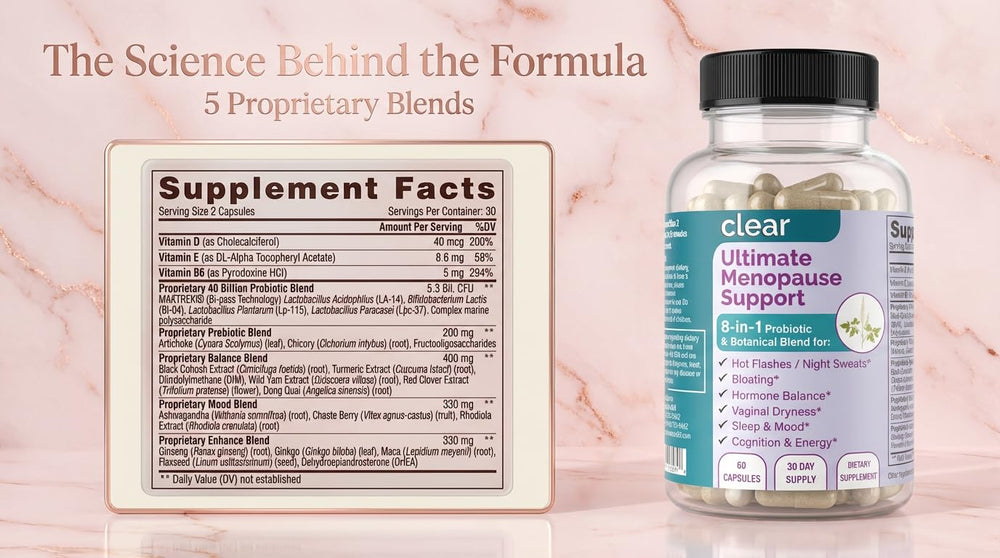Close-up of the 60-capsule jar signaling ongoing convenient menopause support.
