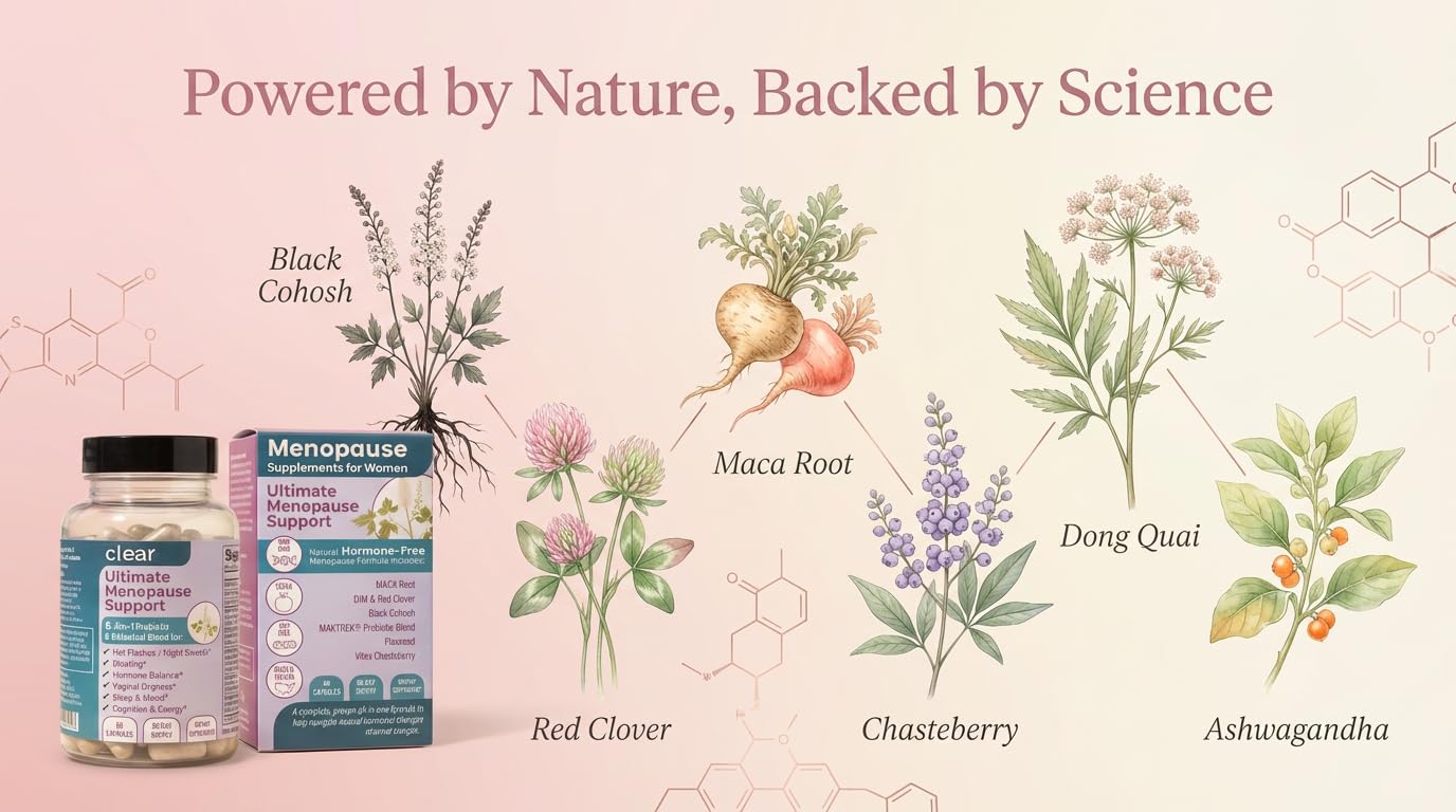 Botanical imagery around bottle communicates natural plant-based wellness approach.