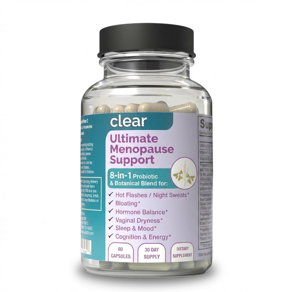 Clear Menopause Support bottle close-up showing a hormone-free wellness option for balance.