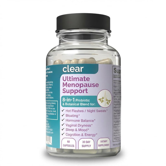 Clear Menopause Support bottle close-up showing a hormone-free wellness option for balance.