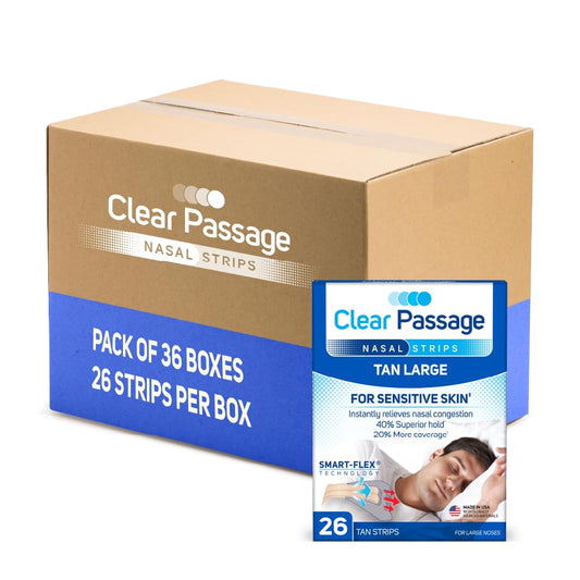 Clear Passage nasal strip on nose for easier breathing.