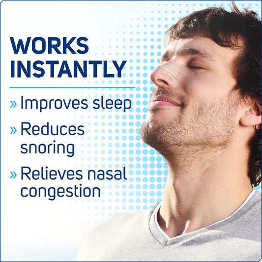 Clear Passage Extra Strength nasal strips on the nose for instant breathing aid during sleep