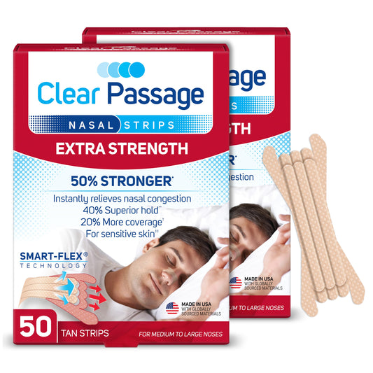 Clear Passage Extra Strength nasal strips in tan packaging for easy concealment and quick relief