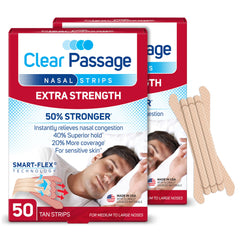 Clear Passage Extra Strength nasal strips in tan packaging for easy concealment and quick relief