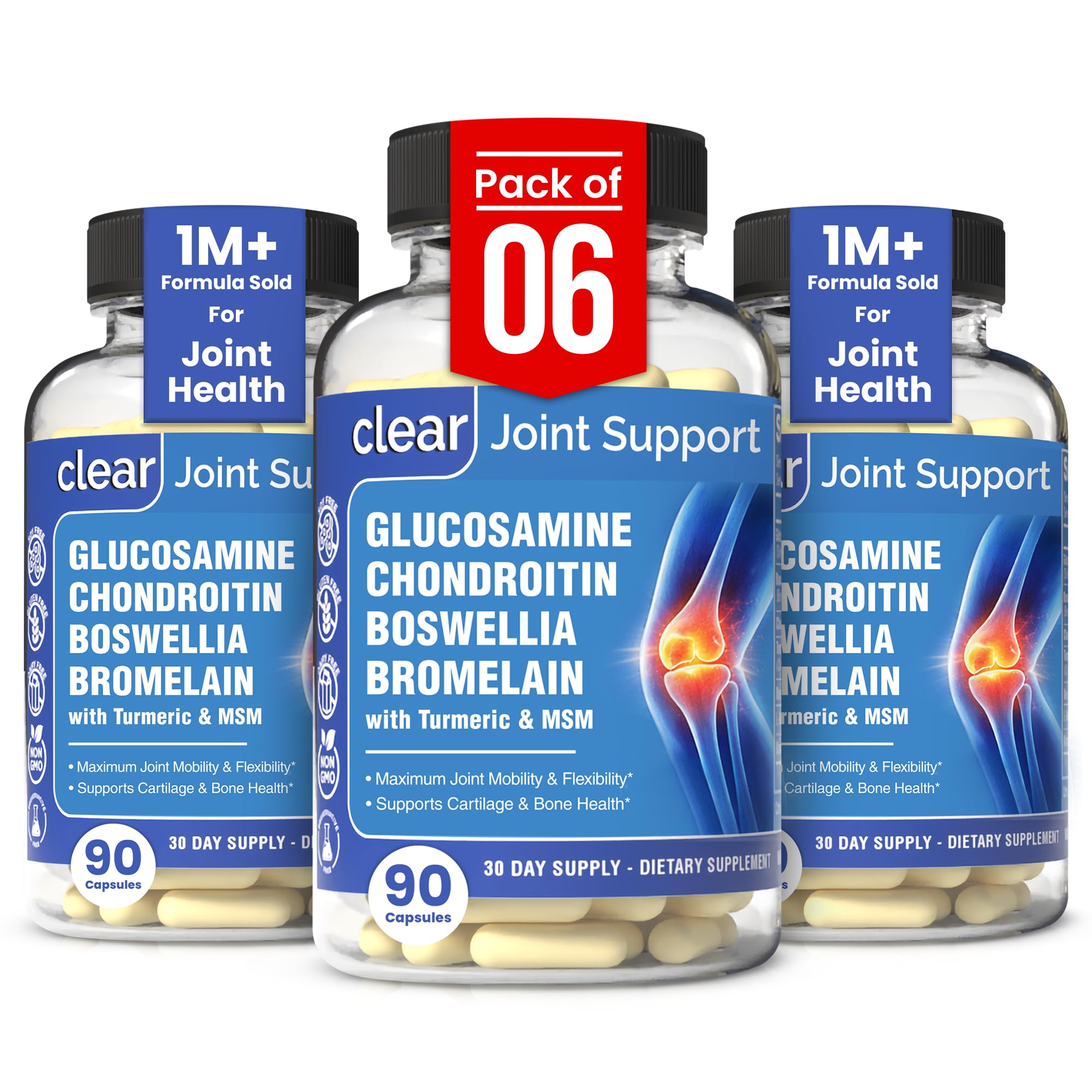 Clear Probiotics glucosamine bottle demonstrates daily joint support for mobility.