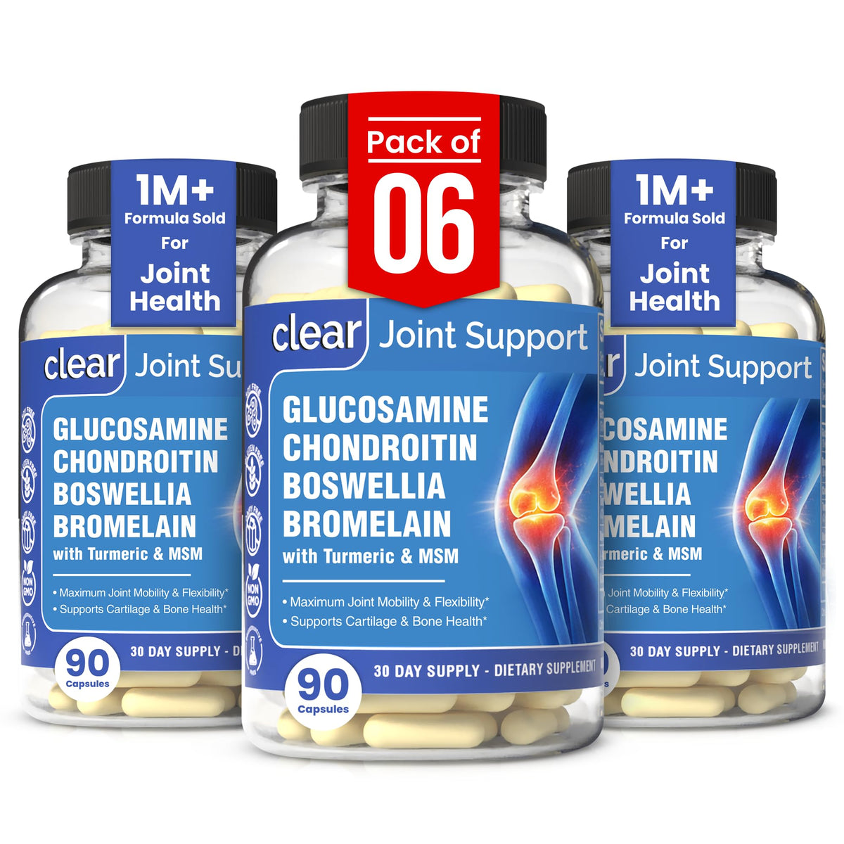 Clear Probiotics glucosamine bottle demonstrates daily joint support for mobility.