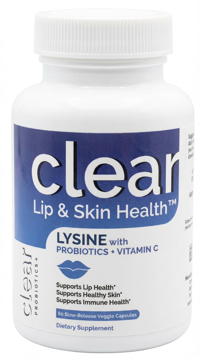 Clear Probiotics Lysine capsules bottle close-up for immune support and gut health.
