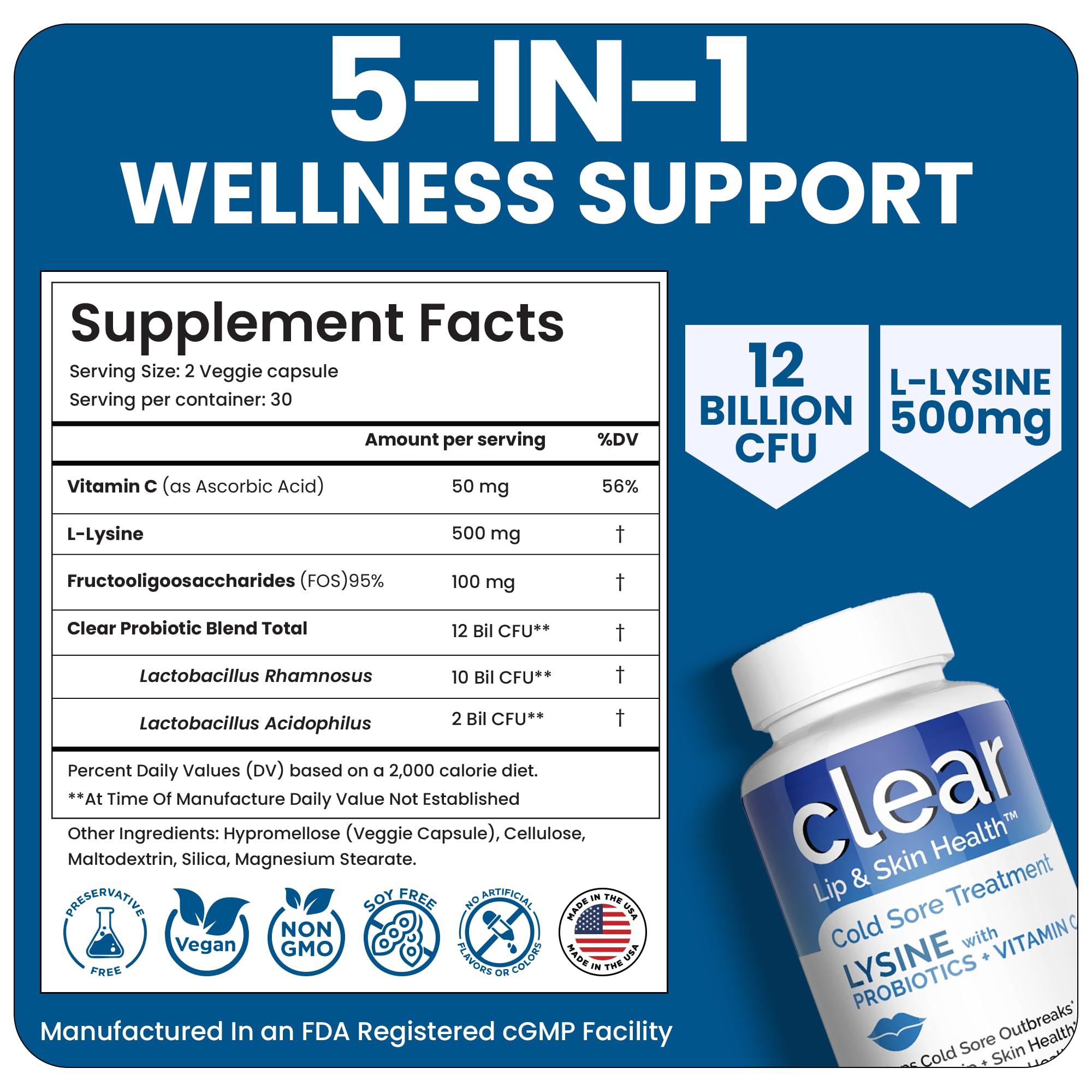 Clear Probiotics Lysine capsules in home routine imagery for lip and gut health.