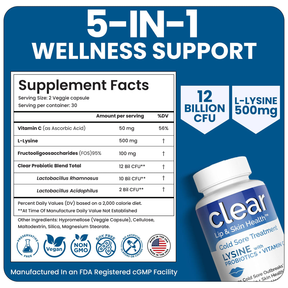 Clear Probiotics Lysine capsules in home routine imagery for lip and gut health.