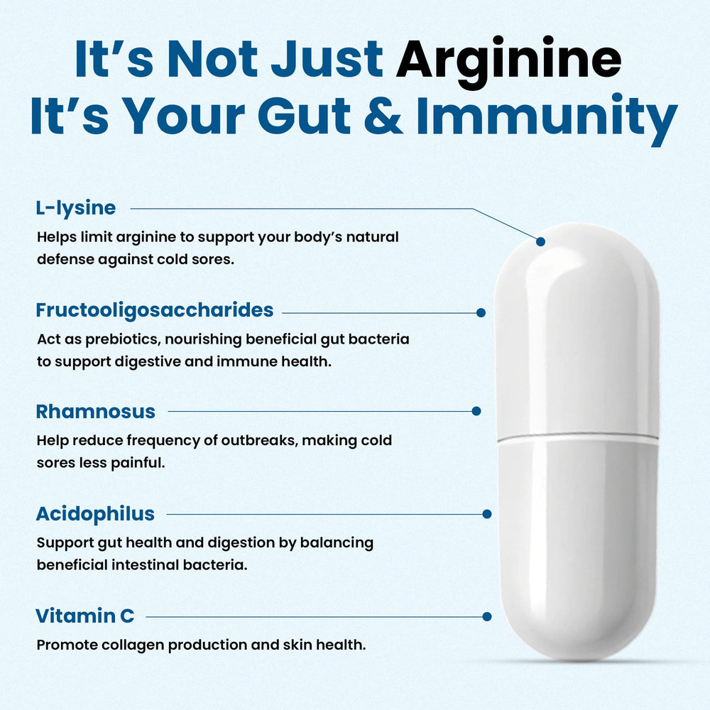 Clear Probiotics Lysine capsules ingredients label highlighting prebiotics and vitamins.