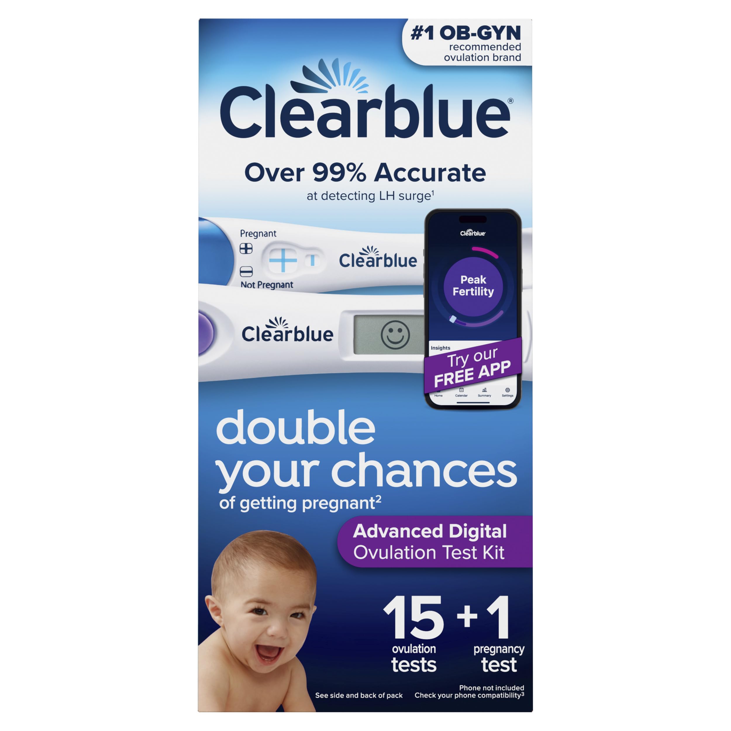 Clearblue Advanced Digital Ovulation Test Box shows easy packaging for home use and planning.