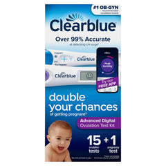 Clearblue Advanced Digital Ovulation Test Box shows easy packaging for home use and planning.