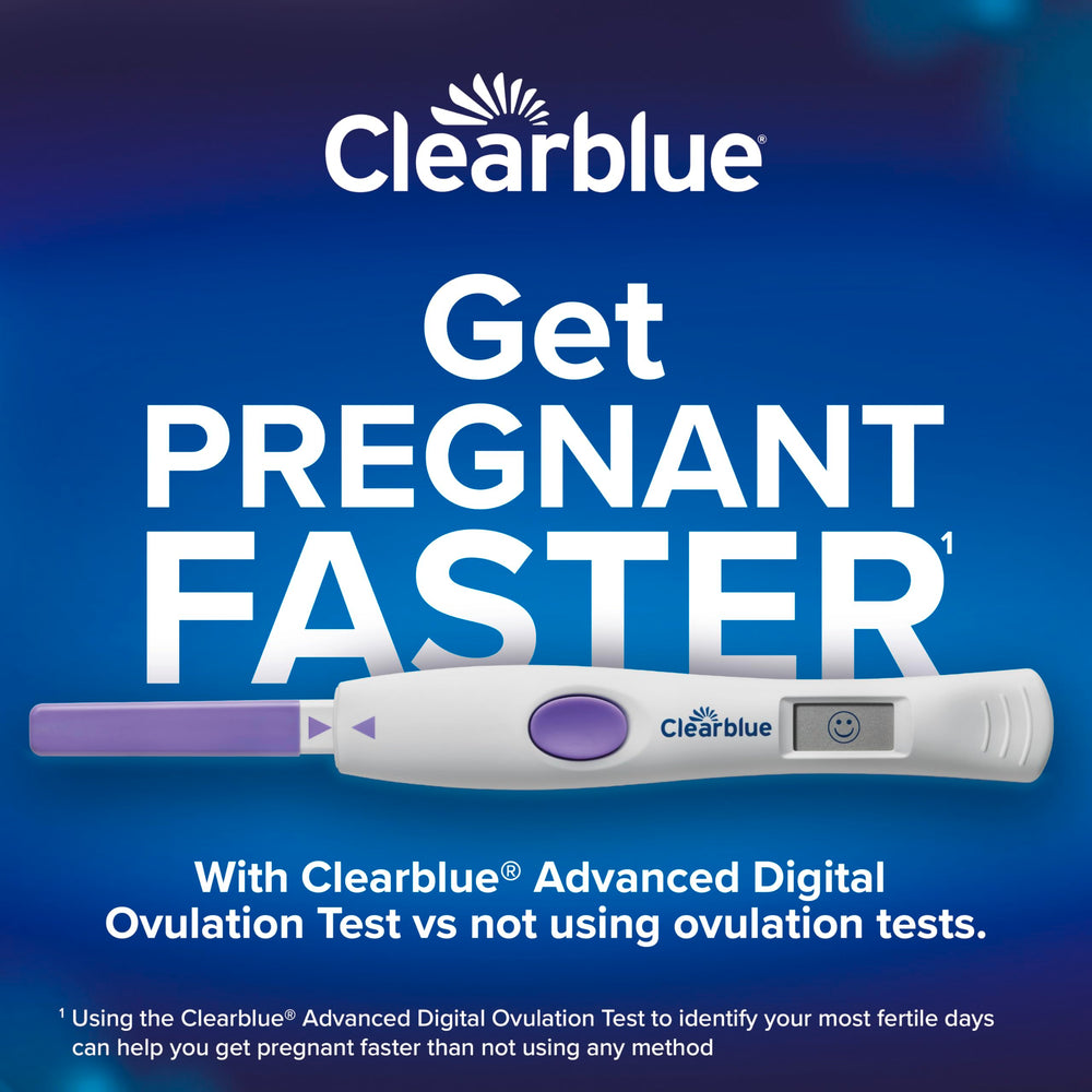 Clearblue test strip shown for simple at-home testing.