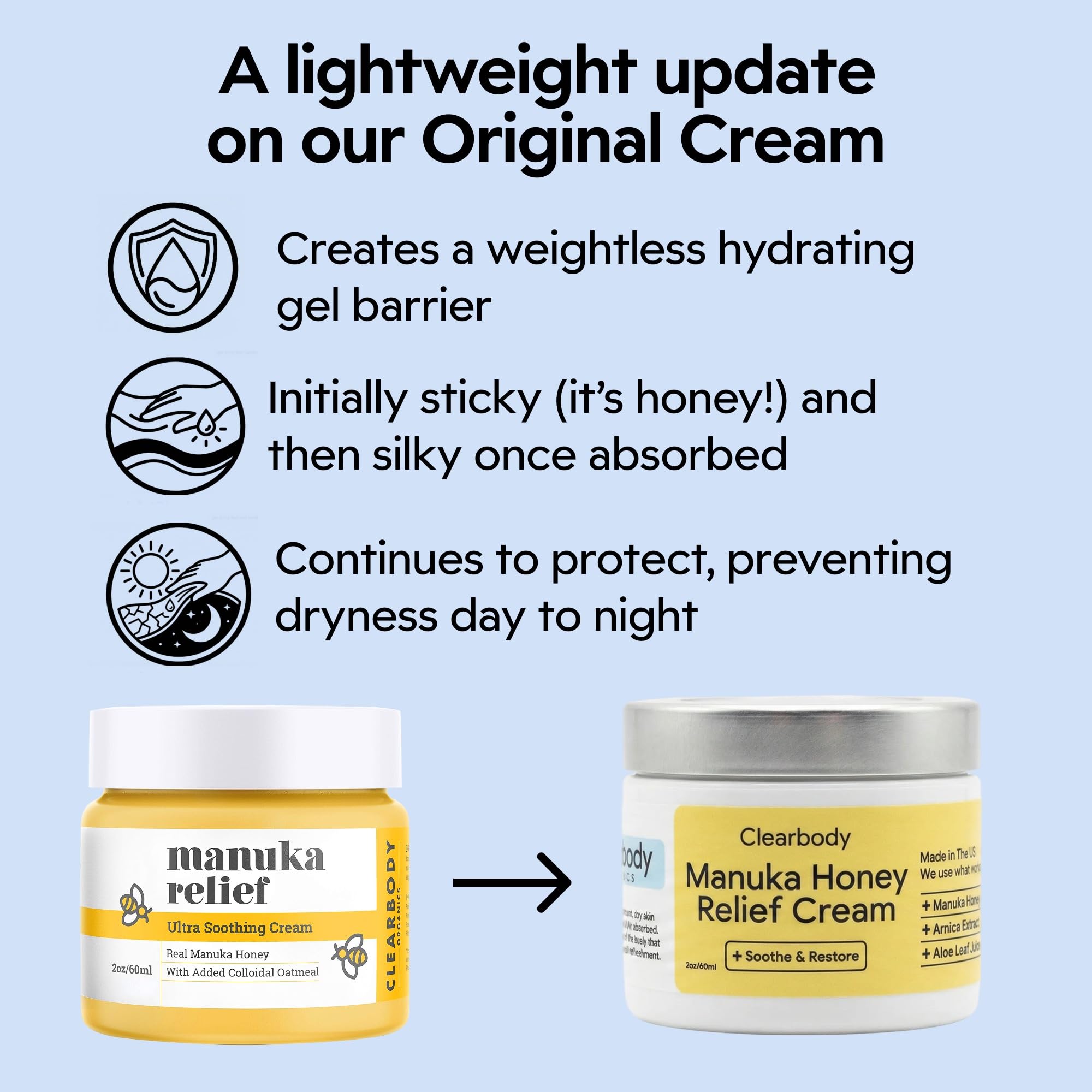 Cruelty-free and non-GMO badge on Clearbody Organics Manuka Honey Cream