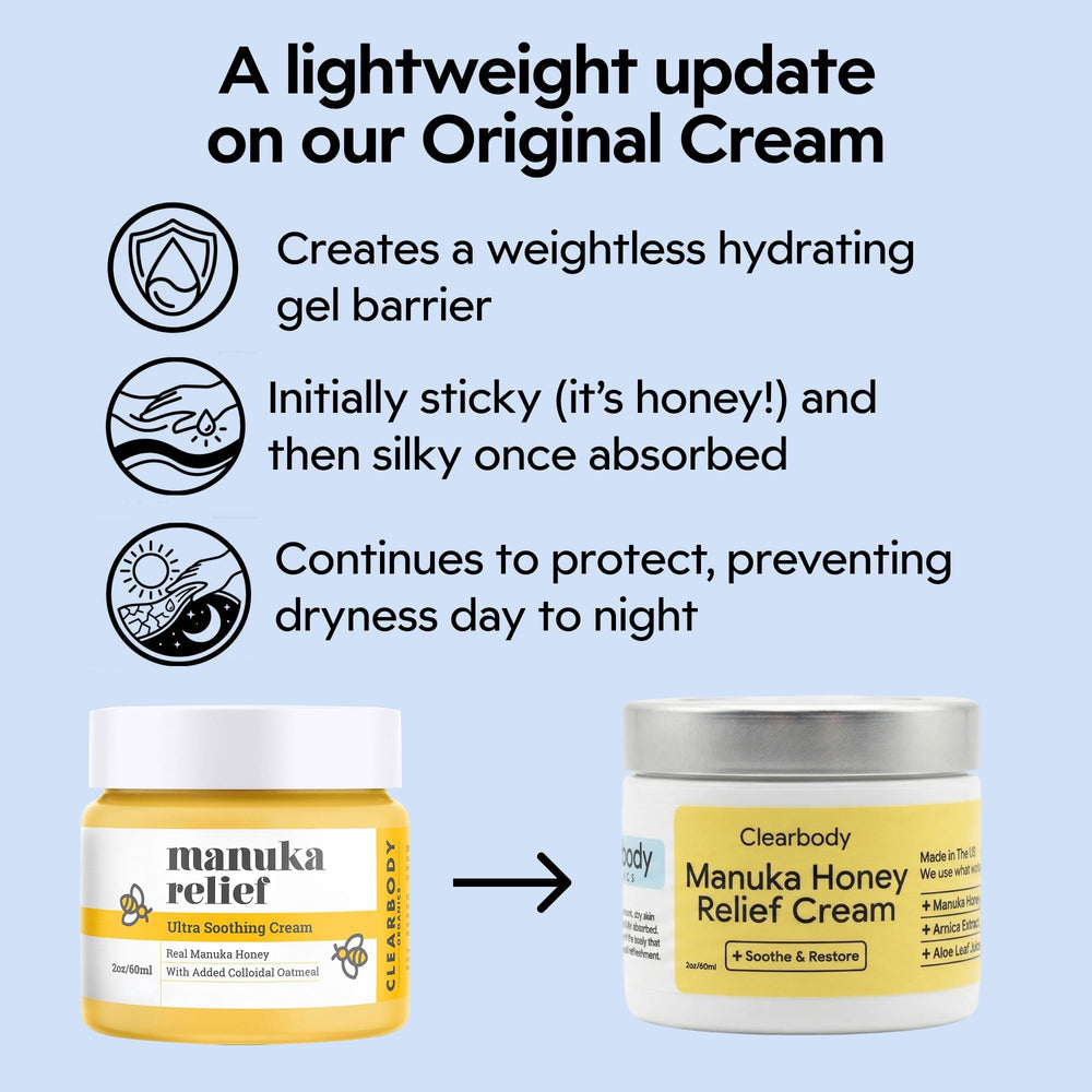 Cruelty-free and non-GMO badge on Clearbody Organics Manuka Honey Cream