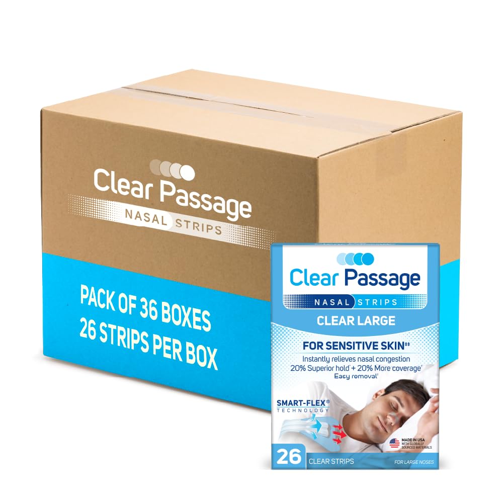 Clear Passage nasal strip large applied to nose for easier breathing while sleeping.