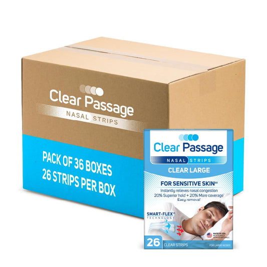 Clear Passage nasal strip large applied to nose for easier breathing while sleeping.