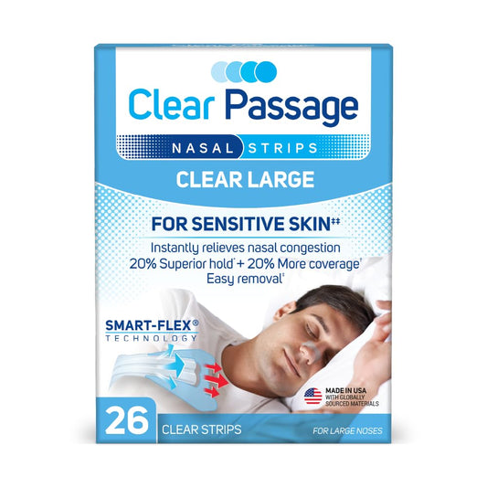 Clear Passage large nasal strip on nose during sleep for easier breathing.
