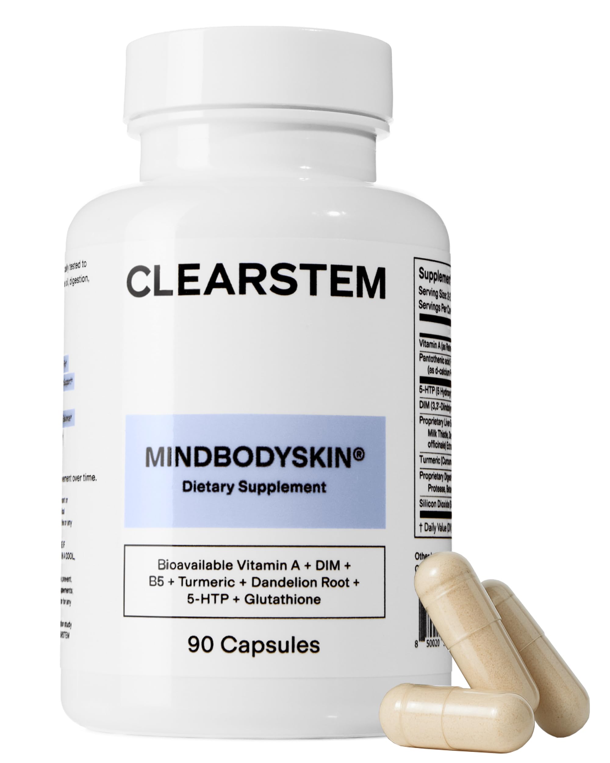 CLEARSTEM MindBodySkin bottle closeup showing capsules for hormonal acne support.