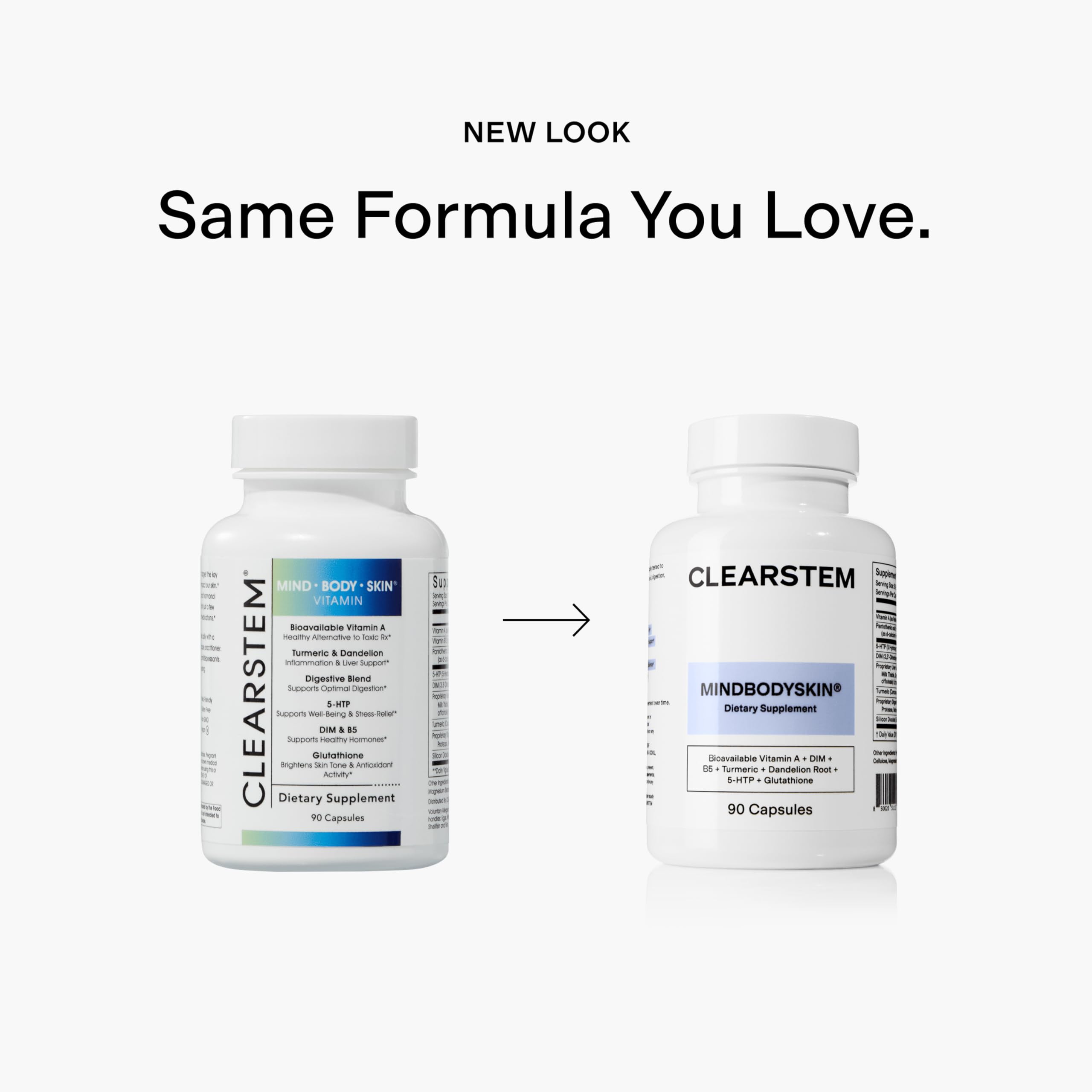 CLEARSTEM MindBodySkin capsules inside bottle highlight convenient daily supplementation.
