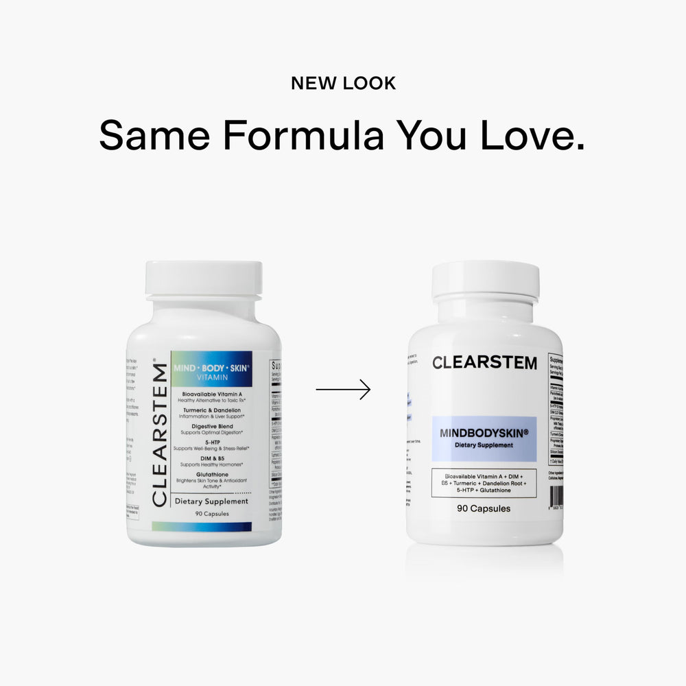 CLEARSTEM MindBodySkin capsules inside bottle highlight convenient daily supplementation.