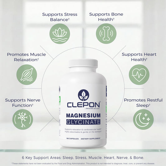CLEPON bottle back displays dosage guidance for 1–4 capsules daily.