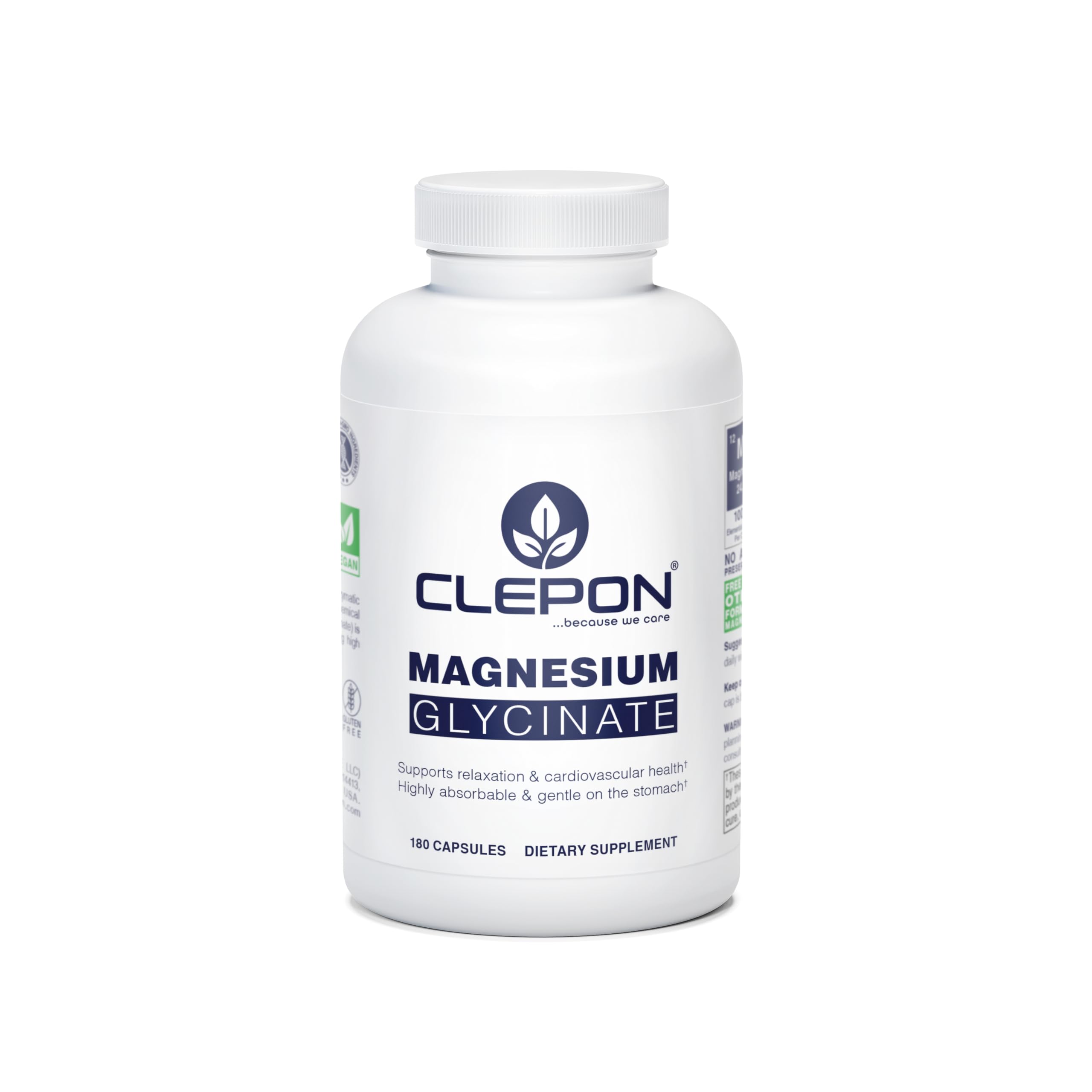 CLEPON Magnesium Glycinate bottle front highlights high absorption formula for daily wellness.