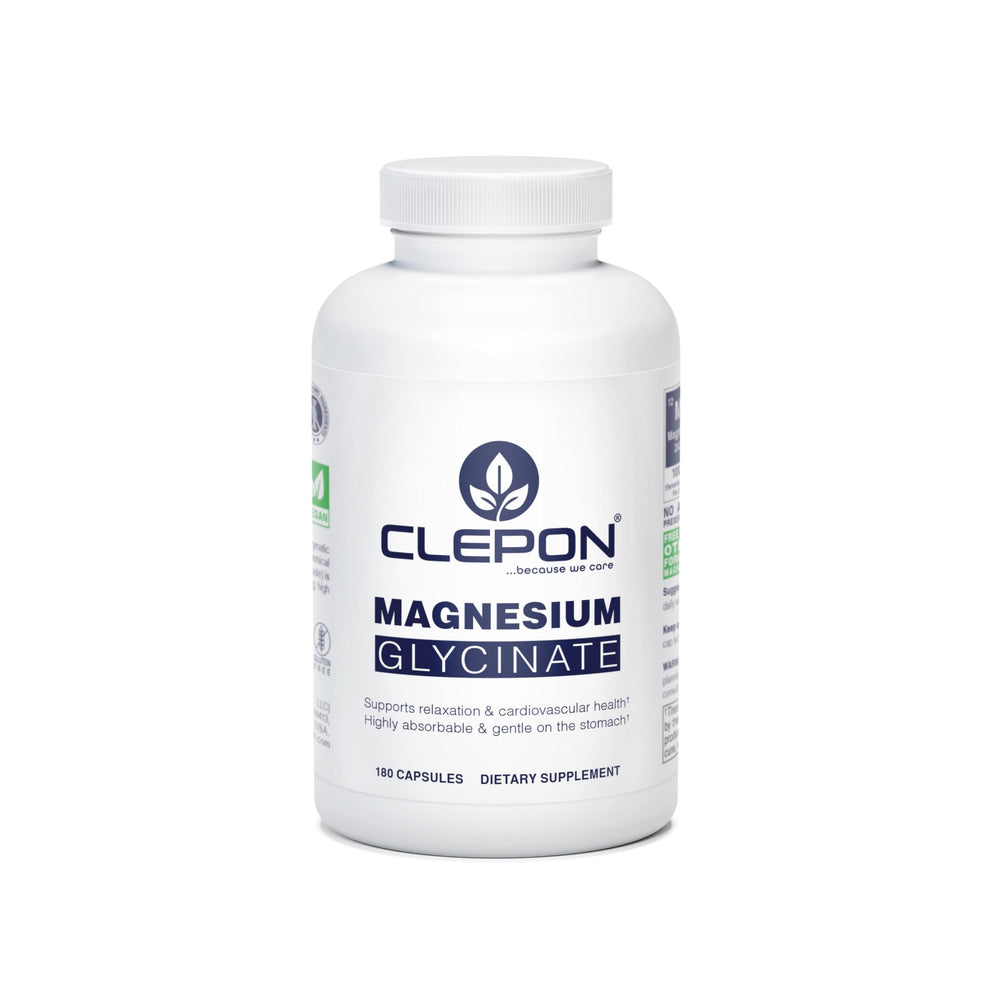 CLEPON Magnesium Glycinate bottle front highlights high absorption formula for daily wellness.
