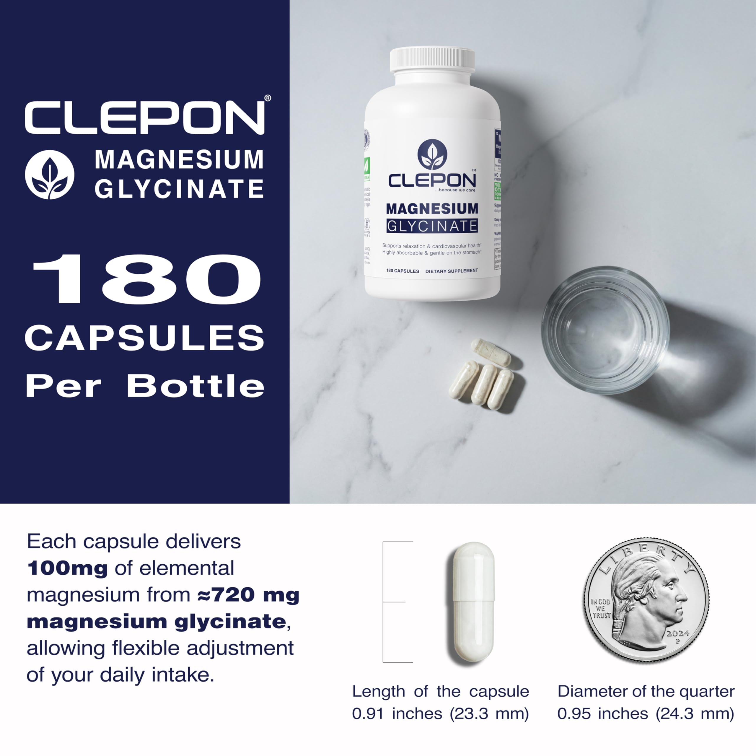 Dosage guide page indicates 100 mg elemental magnesium per capsule.