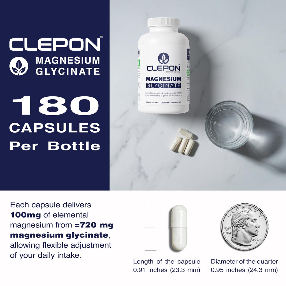 Dosage guide page indicates 100 mg elemental magnesium per capsule.