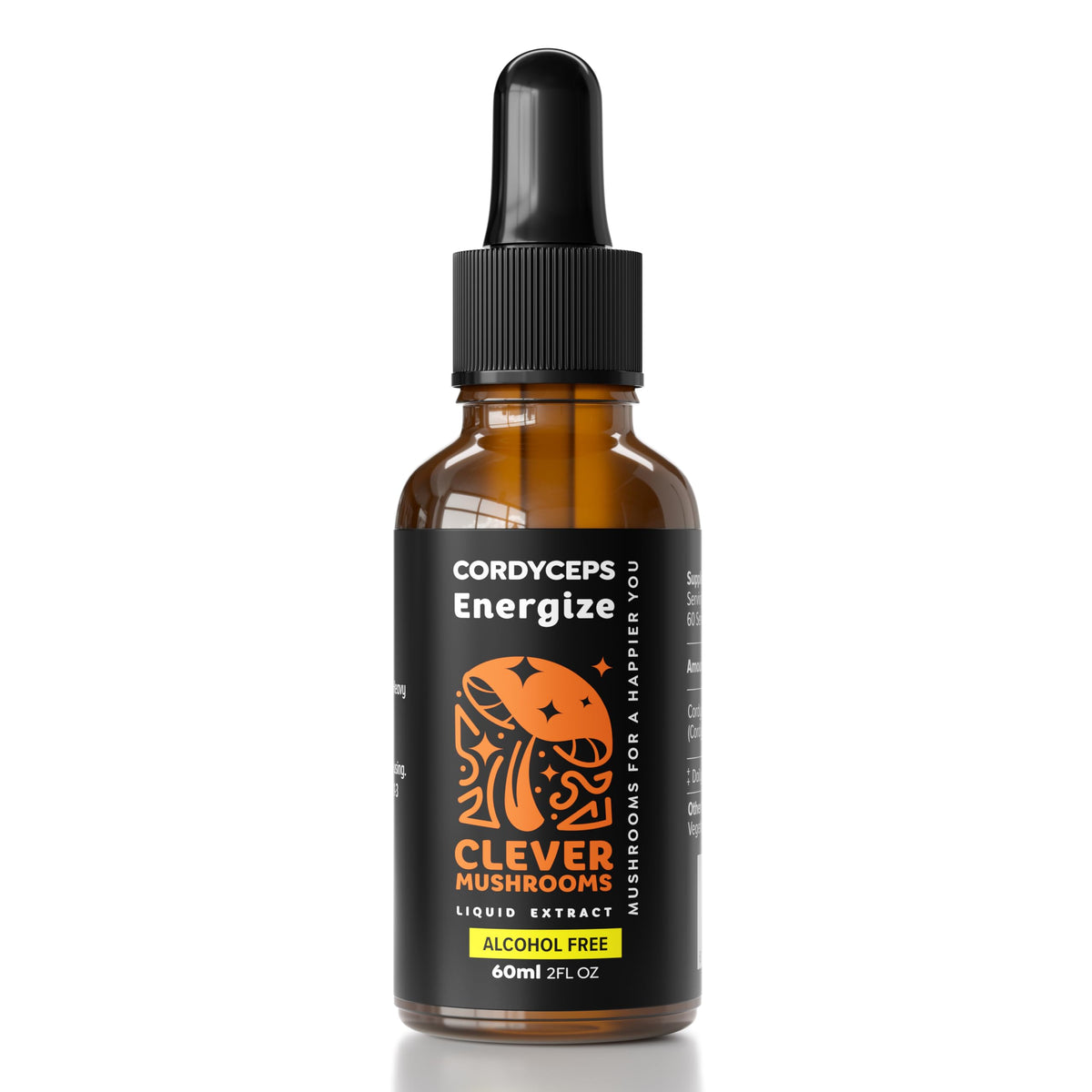 CLEVER MUSHROOMS Cordyceps tincture bottle, highlighting energy support for daily activity