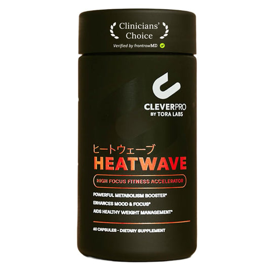 CleverPro Heatwave bottle close-up showing capsules for focus and energy.
