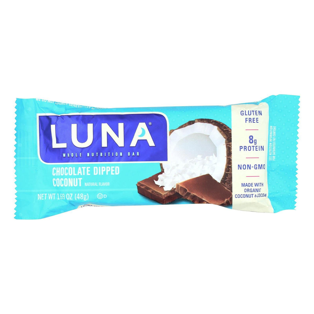 Clif Luna Bar organic chocolate-dipped coconut close-up, great for on-the-go snacking.
