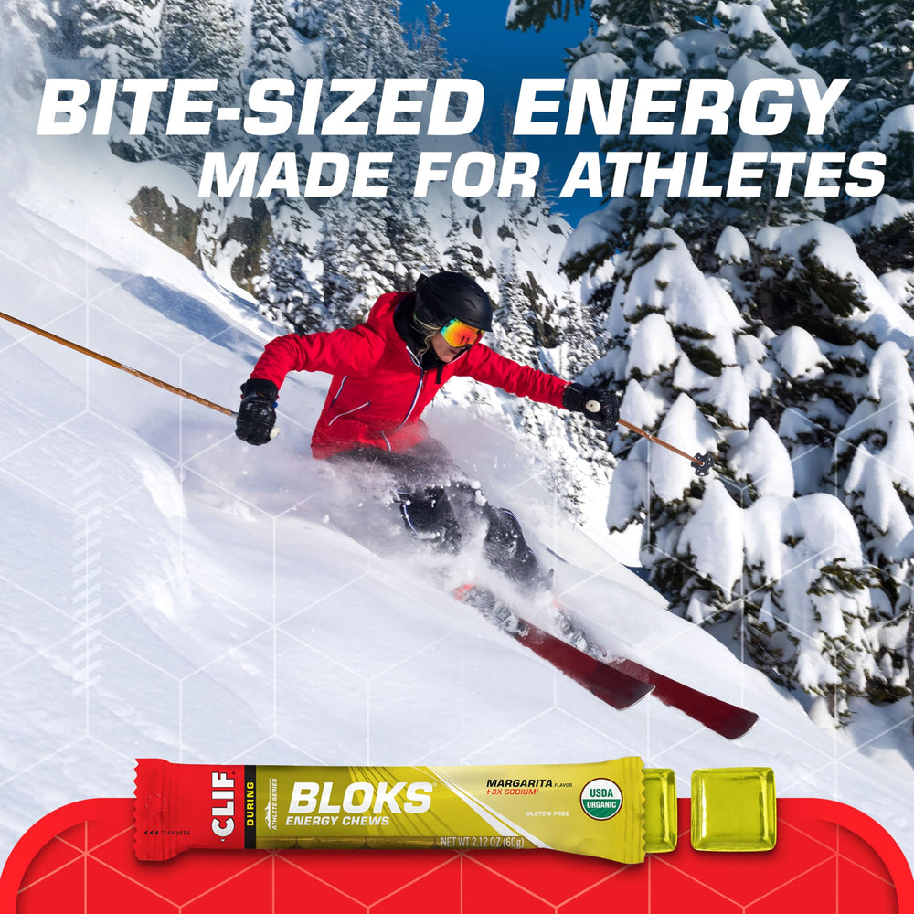 CLIF BLOKS Margarita 3X Sodium with athlete snacking mid-run