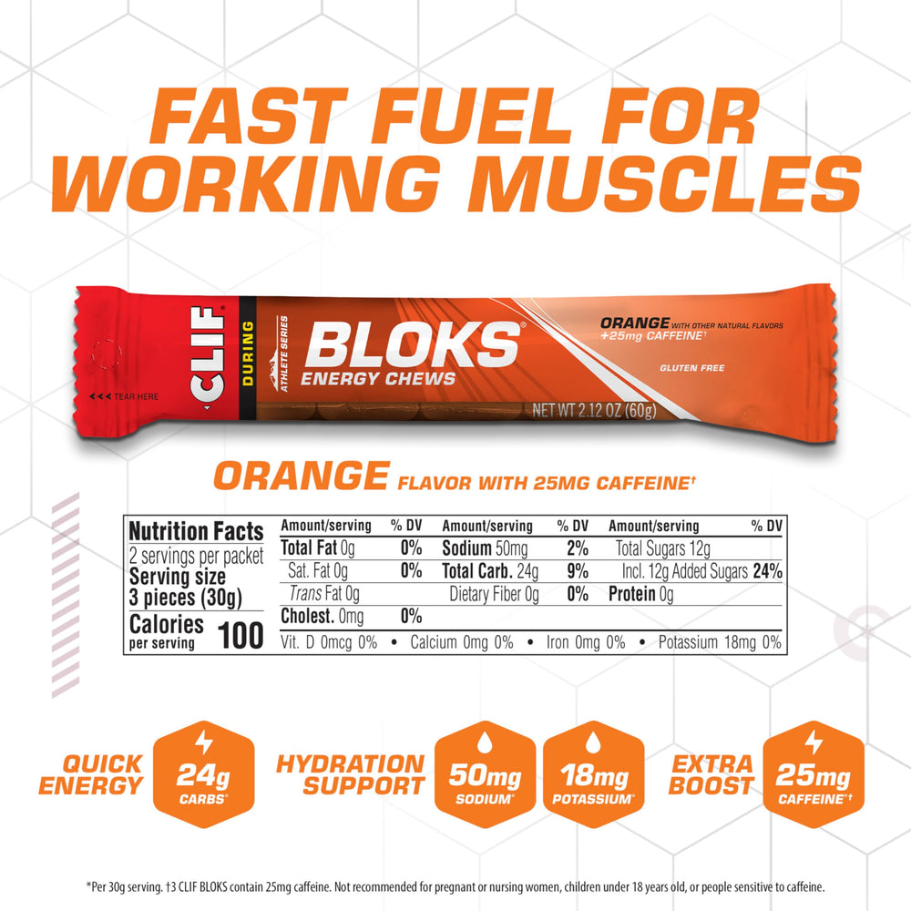 Close-up of CLIF BLOKS Orange energy chews showing soft, easy-to-chew texture.