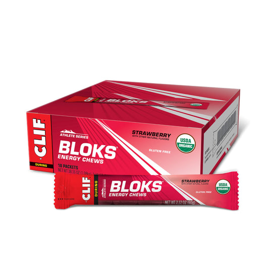 CLIF BLOKS Strawberry flavor cubes close-up, quick energy for workouts