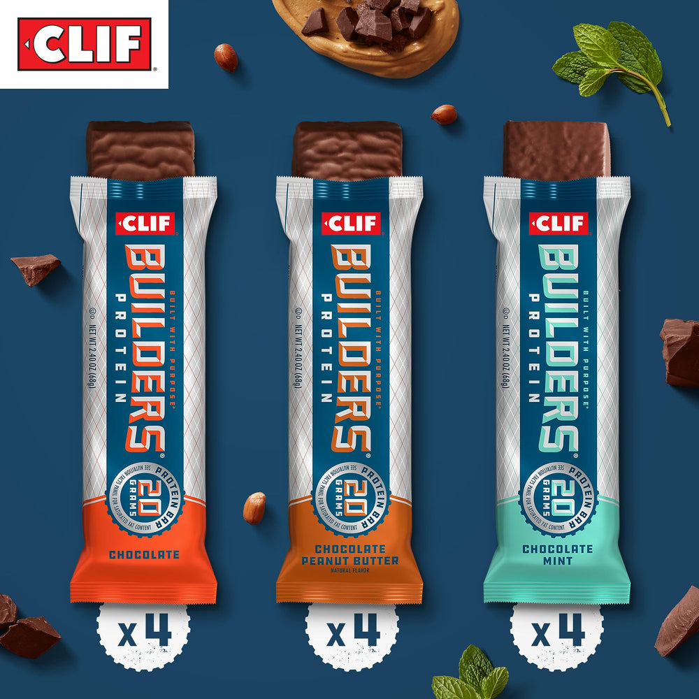 CLIF Builders bar, chocolate mint pack, provides post-workout flavor and quick energy.