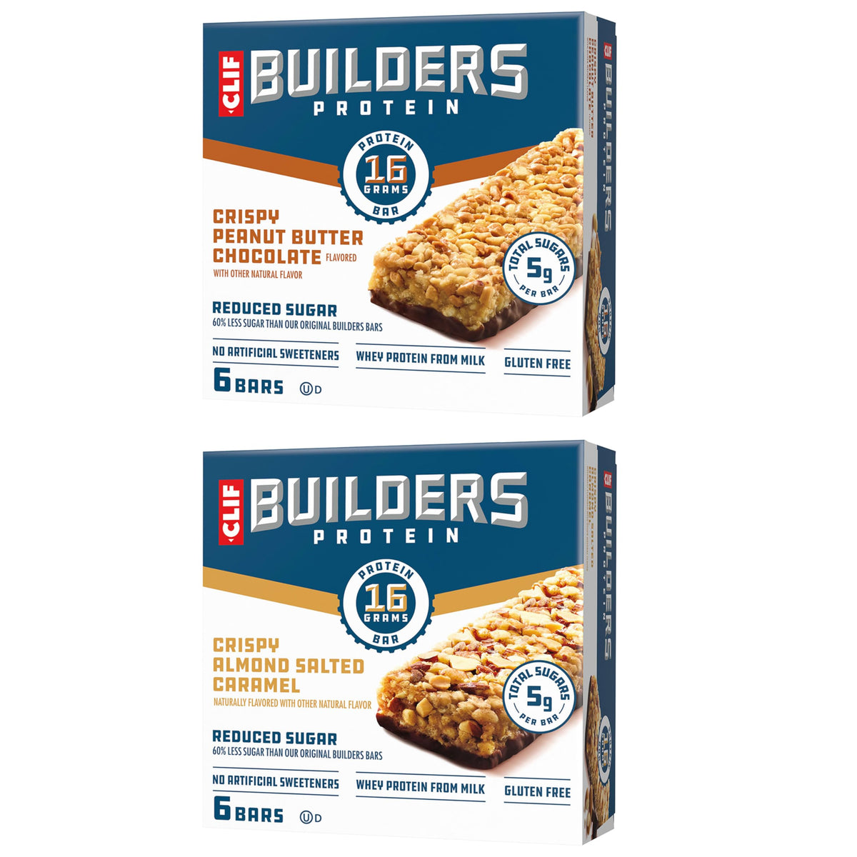 CLIF BUILDERS Crispy Almond Salted Caramel bar close-up showing texture and protein boost