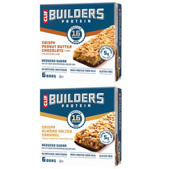 CLIF BUILDERS Crispy Almond Salted Caramel bar close-up showing texture and protein boost