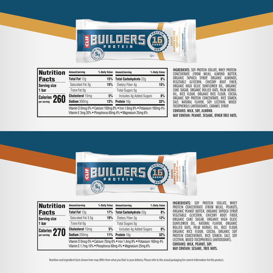 CLIF BUILDERS Crispy Almond Salted Caramel bars pack displayed for variety