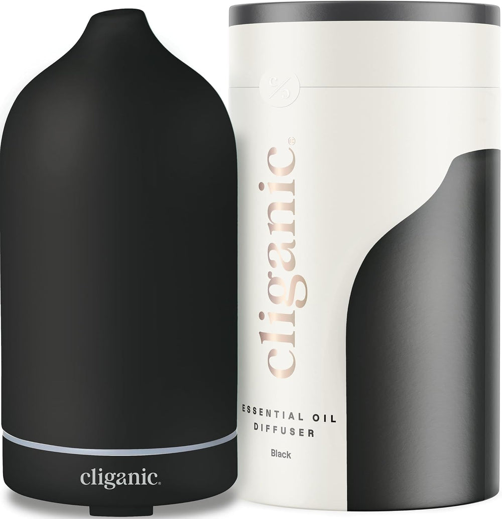 Cliganic ceramic diffuser black side view for subtle home fragrance and calm ambiance.