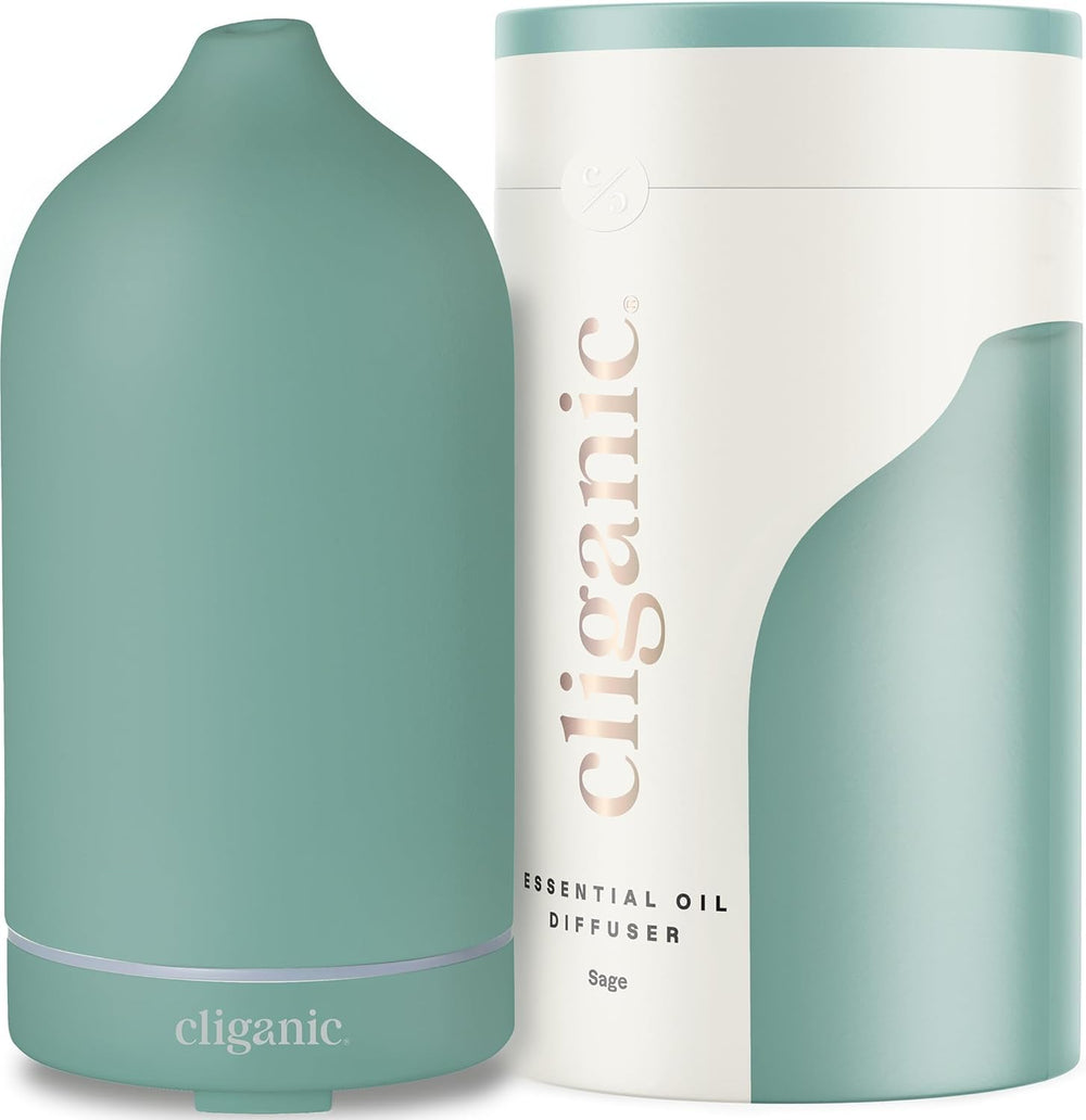 Cliganic Ceramic Diffuser Sage 100ml on a table for calm aromatherapy