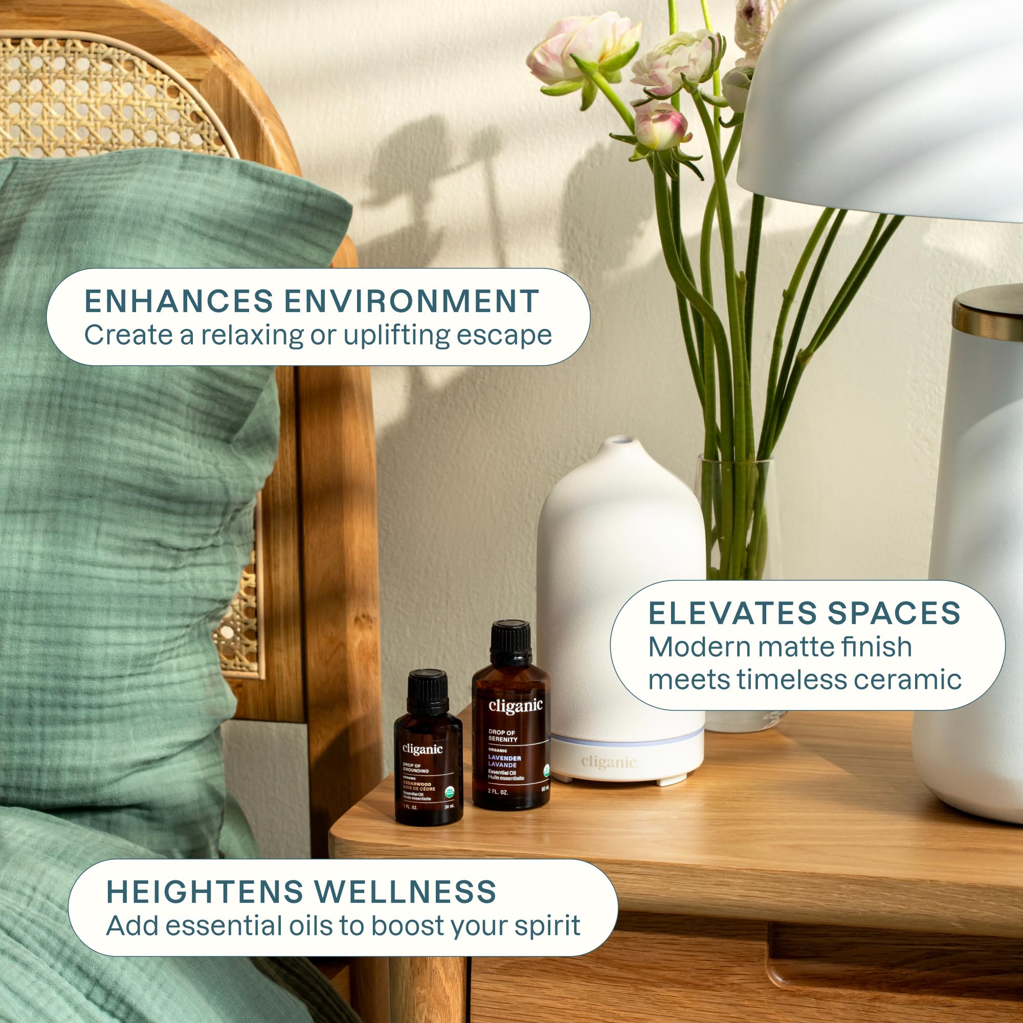 Cliganic diffuser auto shut-off feature shown, ensuring safe use in bedrooms.