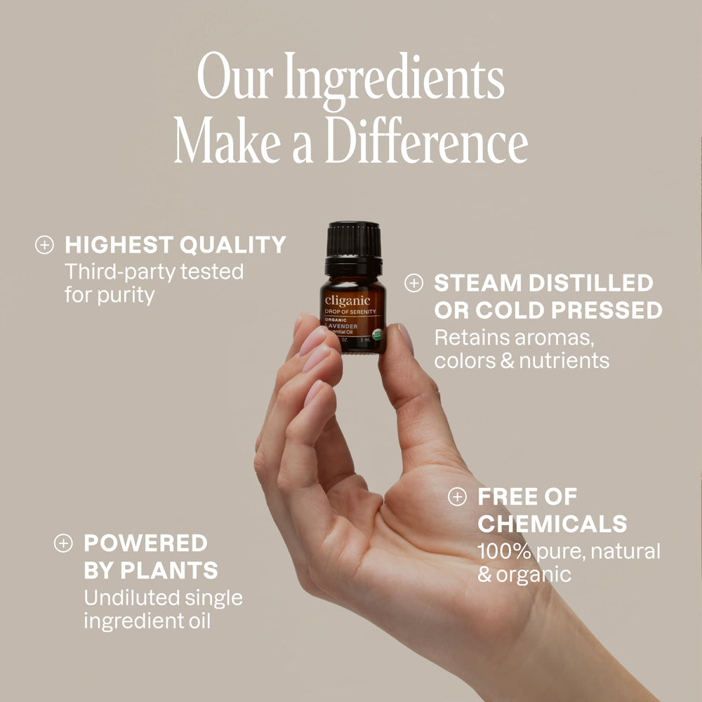 Cliganic Lavender essential oil bottle close-up highlighting calming fragrance for home spa moments