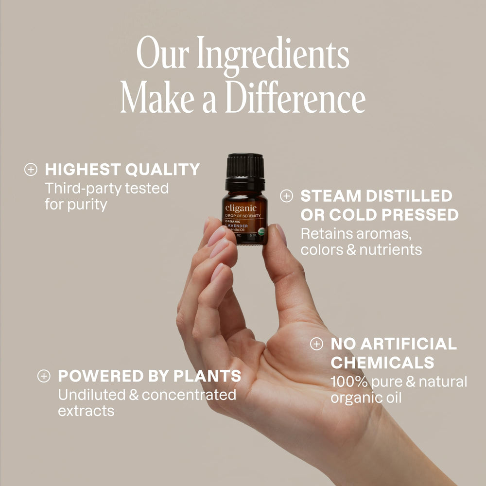 Cliganic tea tree essential oil bottle with clean, herbal notes.