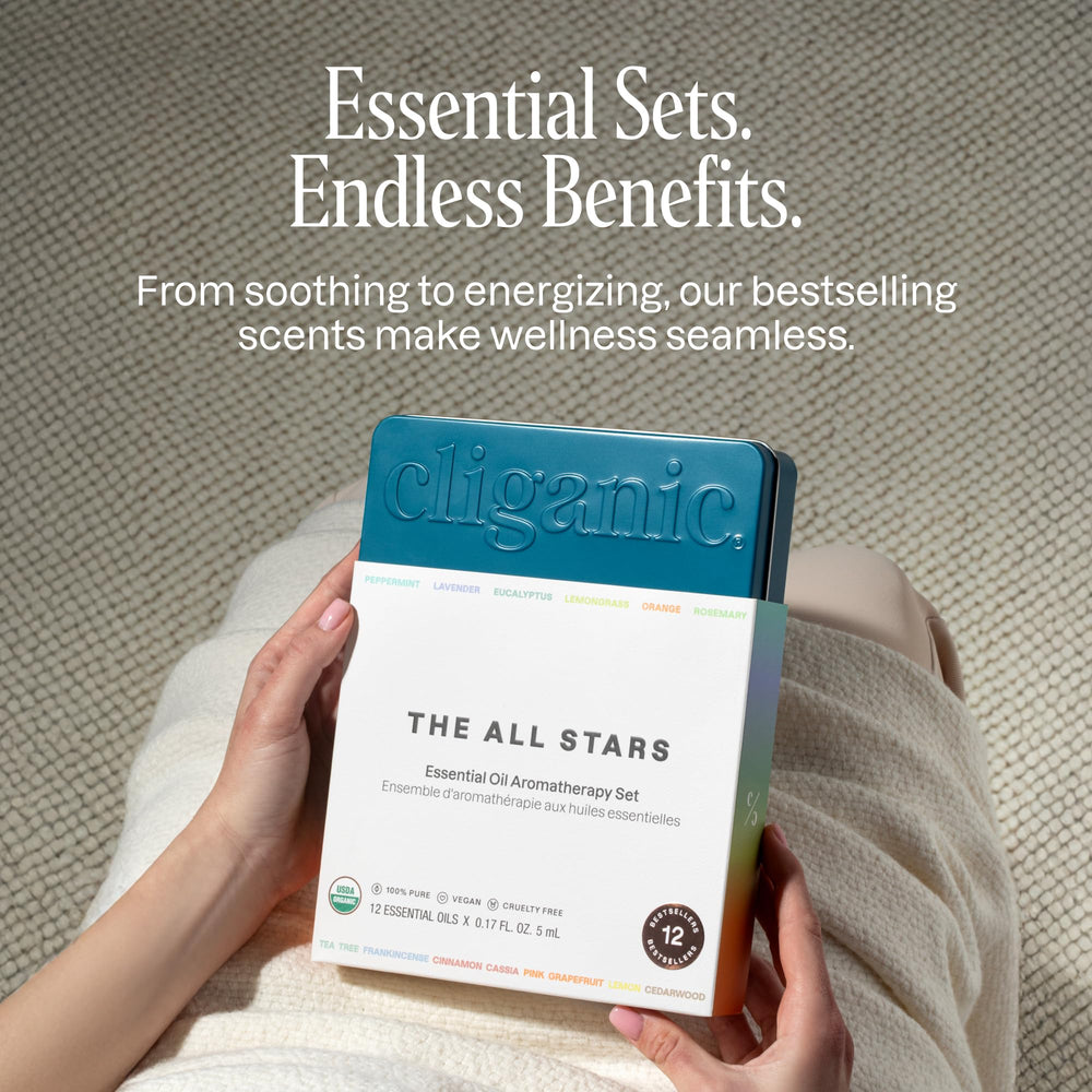 Cliganic Organic Essential Oils Set diffuser setup image highlighting multi-scent blends for personalized diffusing