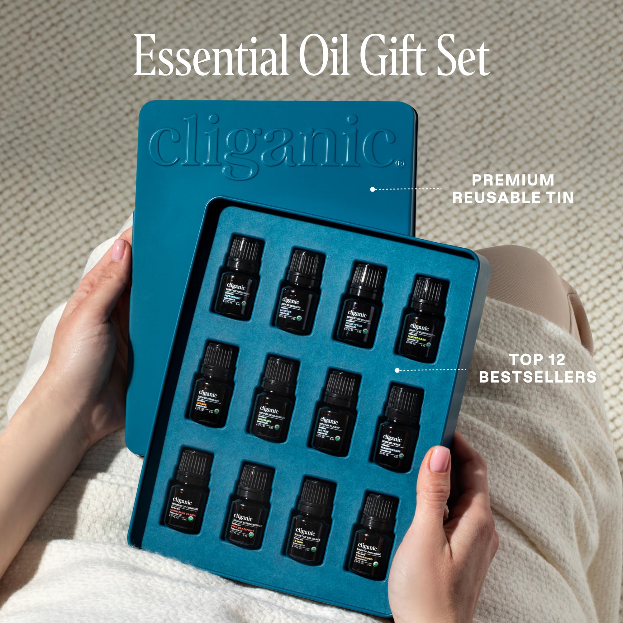 Cliganic Organic Essential Oils Set label close-up showing authenticity and purity for safe diffusion