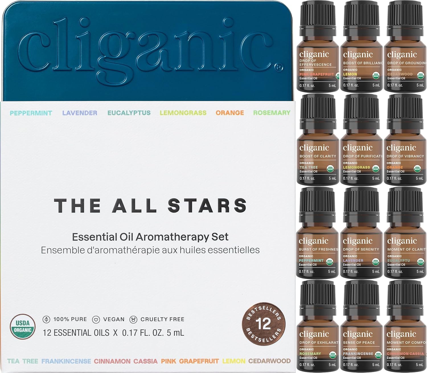 Cliganic Organic Essential Oils Set top 12 box shot for diffuser inspiration and aromatherapy benefits
